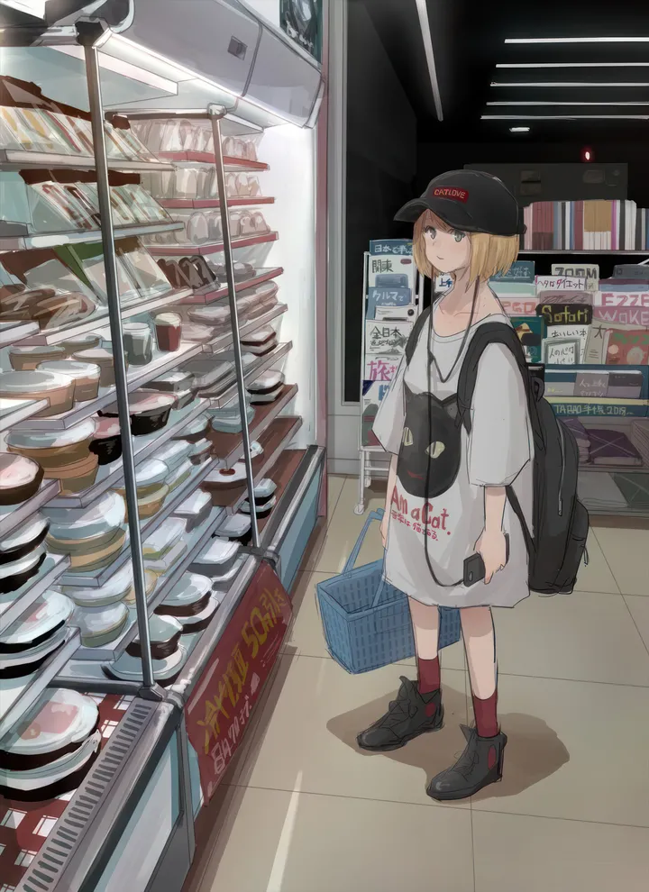 1girl,full_body,bag,solo,backpack,closed_mouth,indoors,hat,shop,phone,holding_phone,holding,baseball_cap,jewelry,tiles,tile_floor,white_dress,looking_at_viewer,short_hair,cellphone,vertical,standing,red_socks,shirt,socks,shopping,dress,blonde_hair,long_sleeves,shoes,necklace,food,black_headwear,black_footwear