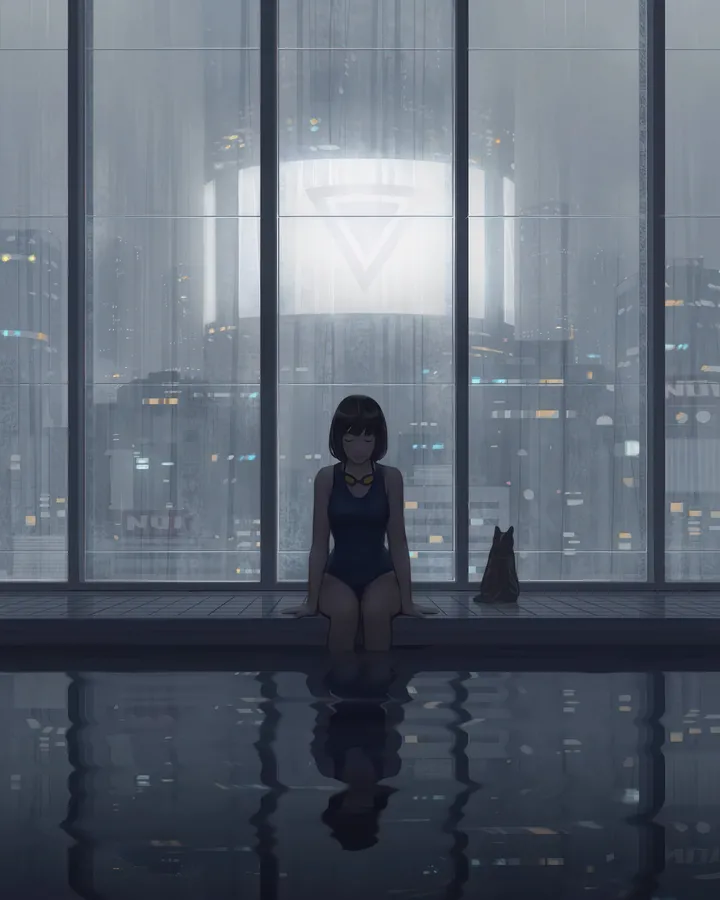 1girl,one-piece_swimsuit,bangs,solo,closed_eyes,reflection,closed_mouth,sitting,cityscape,indoors,building,skyscraper,school_swimsuit,water,soaking_feet,pool,swimsuit,cat,short_hair,window,vertical,blue_one-piece_swimsuit,backlighting,rain,bare_shoulders,scenery,black_hair,black_cat,black_eyes