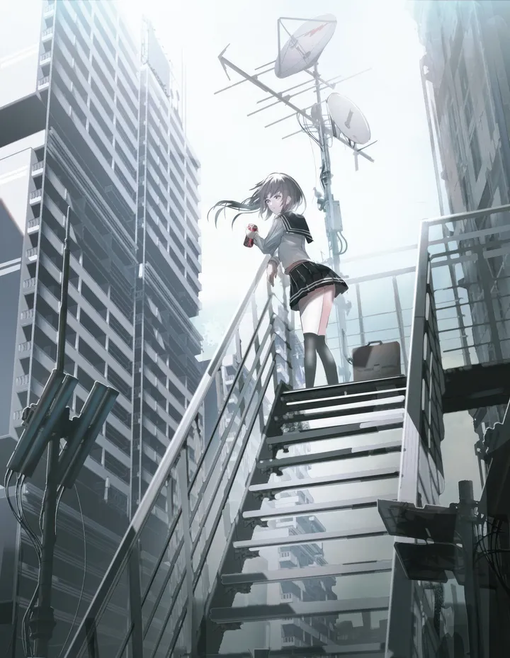 1girl,sign,bag,solo,kneehighs,stairs,looking_back,building,outdoors,holding,can,railing,school_uniform,serafuku,sailor_collar,day,pleated_skirt,looking_at_viewer,skirt,vertical,standing,shirt,socks,road_sign,thighhighs,long_hair,long_sleeves,scenery,black_hair,black_sailor_collar,black_skirt,black_socks,black_thighhighs