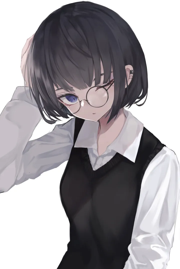 1girl,arm_up,upper_body,bangs,solo,closed_mouth,round_eyewear,hand_on_own_head,collared_shirt,simple_background,sweater_vest,white_background,white_shirt,looking_at_viewer,glasses,short_hair,piercing,ear_piercing,vertical,vest,blue_eyes,shirt,long_sleeves,one_eye_closed,black_hair,black-framed_eyewear,black_vest