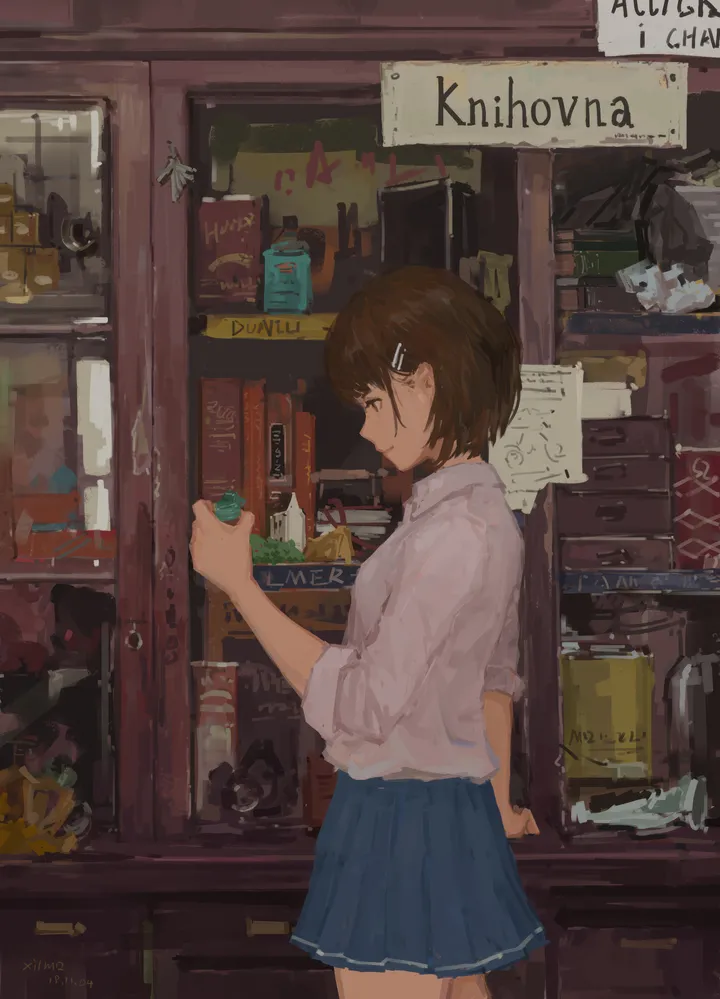 1girl,from_side,profile,solo,hairclip,closed_mouth,shelf,hair_ornament,indoors,shop,holding,collared_shirt,school_uniform,brown_hair,brown_eyes,white_shirt,pleated_skirt,short_hair,skirt,vertical,standing,english_text,blue_skirt,shirt