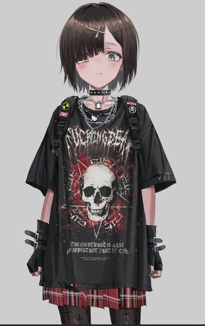 1girl,t-shirt,x_hair_ornament,cowboy_shot,pentagram,bangs,bag,cross,solo,backpack,hairclip,closed_mouth,hair_ornament,spikes,spiked_collar,heterochromia,gloves,nail_polish,fingerless_gloves,simple_background,plaid,plaid_skirt,brown_hair,grey_eyes,jewelry,white_background,pleated_skirt,looking_at_viewer,short_hair,short_sleeves,skirt,vertical,standing,red_skirt,earrings,blush,english_text,shirt,pantyhose,lock,collarbone,choker,collar,necklace,skull,black_hair,black_gloves,black_shirt