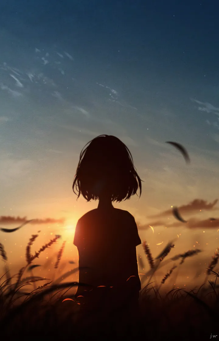 1girl,cloud,silhouette,solo,sky,sun,outdoors,sunset,star_sky,depth_of_field,blurry,short_hair,vertical,signature,grass,backlighting,wind,scenery