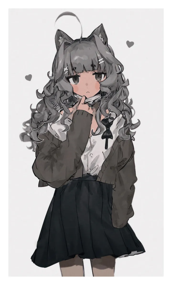 1girl,cowboy_shot,mask_pull,animal_ears,bangs,solo,hairclip,ahoge,closed_mouth,hair_ornament,open_cardigan,cardigan,heart,collared_shirt,simple_background,grey_hair,grey_eyes,grey_background,cat_girl,cat_ears,white_background,white_shirt,pleated_skirt,looking_at_viewer,skirt,vertical,animal_ear_fluff,blush,bow,shirt,sleeves_past_wrists,hair_intakes,pantyhose,long_hair,long_sleeves,off_shoulder,mask,bowtie,black_skirt,black_bow,black_bowtie