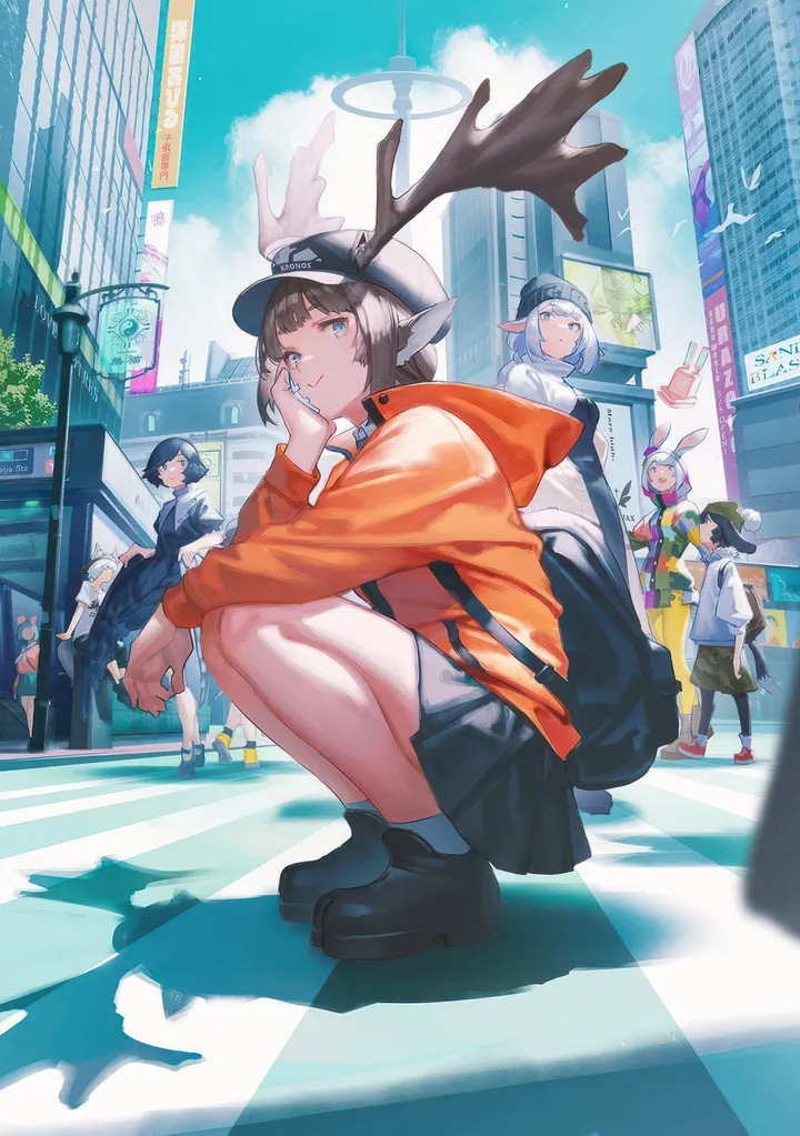 6-girls,cloud,crosswalk,rabbit_ears,hood,animal_ears,bangs,bag,backpack,closed_mouth,city,multiple_girls,sky,jacket,hat,building,outdoors,ears_through_headwear,baseball_cap,brown_hair,orange_jacket,v,day,white_hair,pleated_skirt,looking_at_viewer,short_hair,skirt,vertical,smile,blue_sky,blue_eyes,street,road,squatting,hoodie,long_hair,long_sleeves,shoes,deer_ears,antlers,black_hair,black_headwear,black_skirt,black_footwear