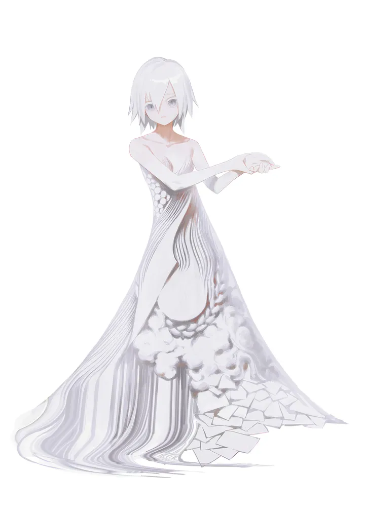 1girl,breasts,full_body,bangs,solo,closed_mouth,hair_between_eyes,simple_background,grey_eyes,white_theme,white_hair,white_background,white_dress,looking_at_viewer,short_hair,vertical,standing,dress,collarbone,bare_shoulders