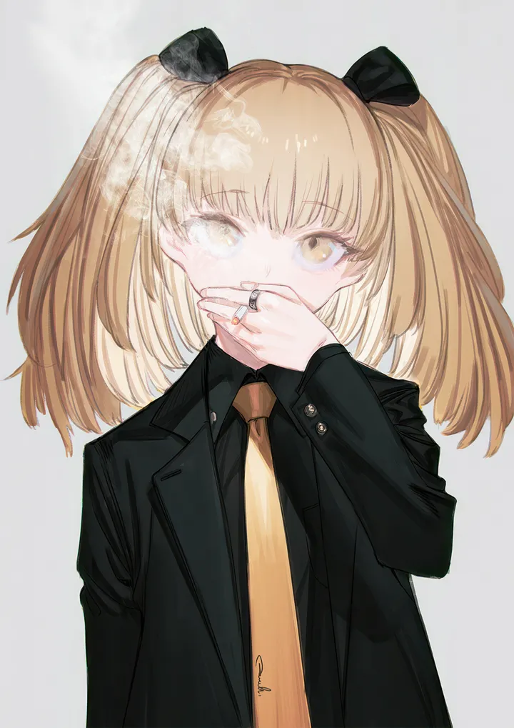 1girl,upper_body,bangs,solo,twintails,smoking,jacket,ring,holding_cigarette,hand_up,holding,collared_shirt,simple_background,formal,smoke,jewelry,white_background,looking_at_viewer,vertical,shirt,suit,covering_mouth,blonde_hair,long_hair,long_sleeves,necktie,cigarette,yellow_eyes,yellow_necktie,black_jacket,black_shirt