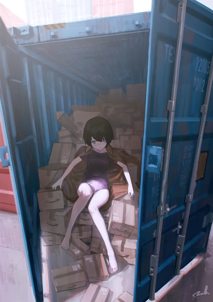 1girl,bangs,solo,closed_mouth,sitting,jacket,indoors,jacket_on_shoulders,looking_at_viewer,short_hair,shorts,window,vertical,box,cardboard_box,blue_eyes,bare_legs,barefoot,black_hair