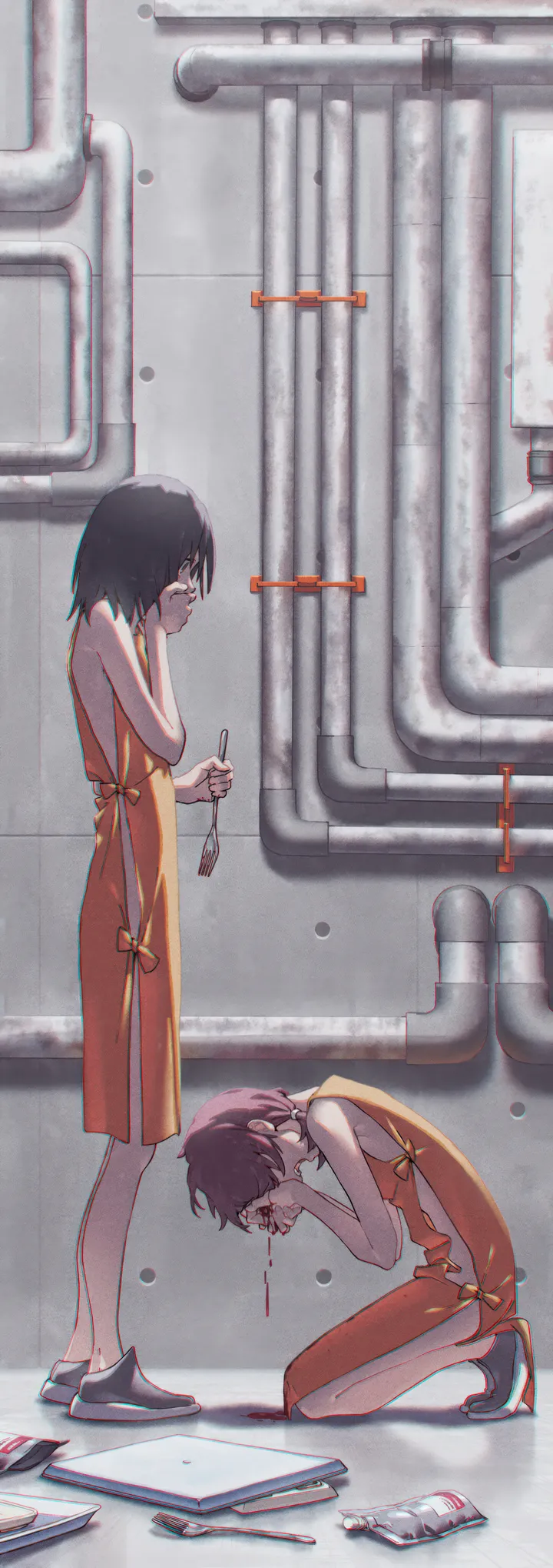 2girls,from_side,crying,multiple_girls,industrial_pipe,wrench,holding,sleeveless,sleeveless_dress,orange_dress,tears,short_hair,vertical,standing,blood,squatting,dress,shoes,black_hair,black_footwear