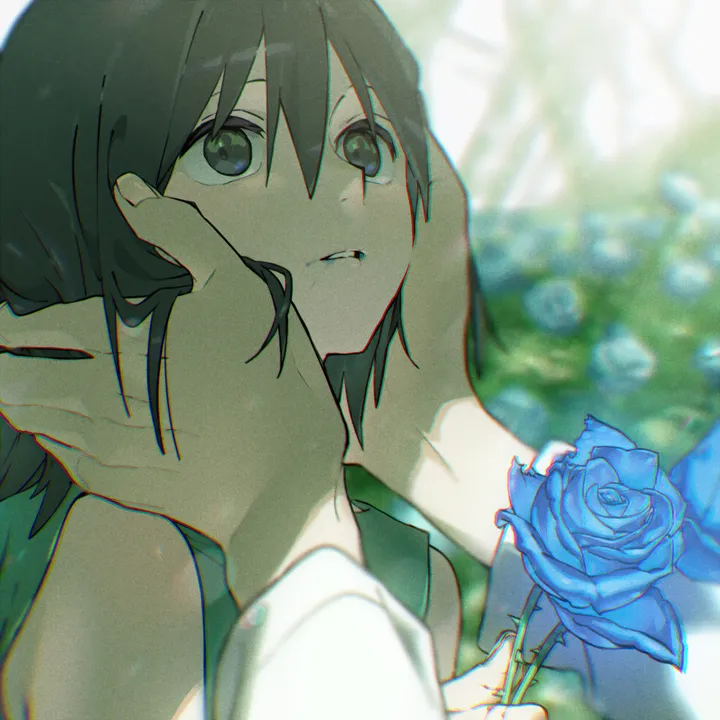 1girl,1boy,looking_up,bangs,solo_focus,hands_on_anothers_face,hair_between_eyes,parted_lips,holding,holding_flower,sleeveless,blurry,blurry_background,rose,field,short_hair,vertical,chromatic_aberration,flower_field,blue_rose,blue_flower,shirt,out_of_frame,flower,black_hair,black_eyes