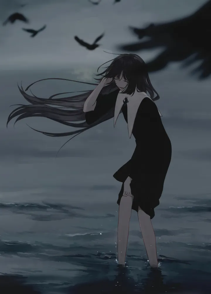 1girl,crow,cloud,bangs,solo,closed_eyes,closed_mouth,sky,very_long_hair,outdoors,blurry,water,ocean,wading,vertical,standing,dress,long_hair,long_sleeves,floating_hair,bird,black_hair,black_dress