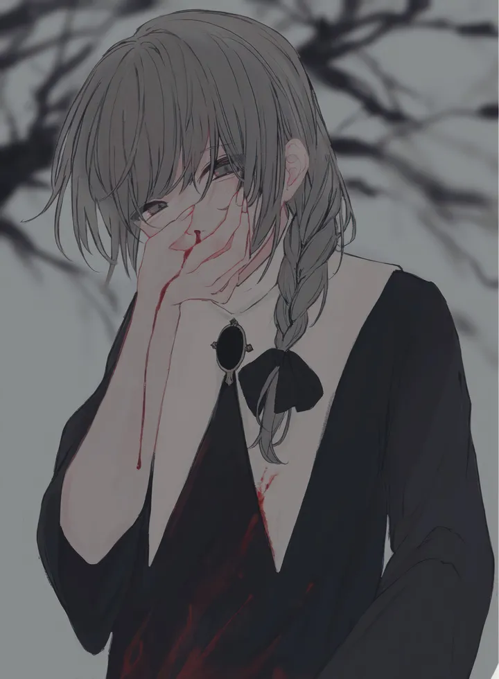 1girl,braid,upper_body,bangs,solo,simple_background,blurry,grey_hair,looking_at_viewer,vertical,blood,dress,long_hair,long_sleeves,black_dress