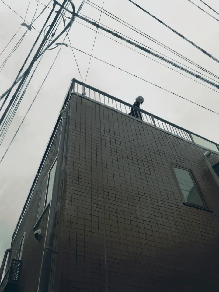 1boy,solo,rooftop,building,outdoors,vertical,scenery