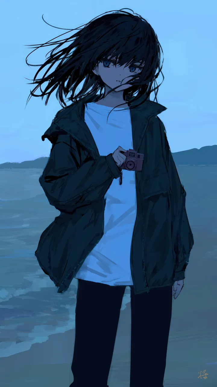 1girl,medium_hair,bangs,solo,closed_mouth,sky,jacket,parted_lips,outdoors,holding_camera,holding,ocean,camera,white_shirt,looking_at_viewer,vertical,standing,blue_theme,blue_eyes,shirt,pants,open_jacket,open_clothes,long_hair,long_sleeves,wind,floating_hair,black_hair,black_jacket,black_pants