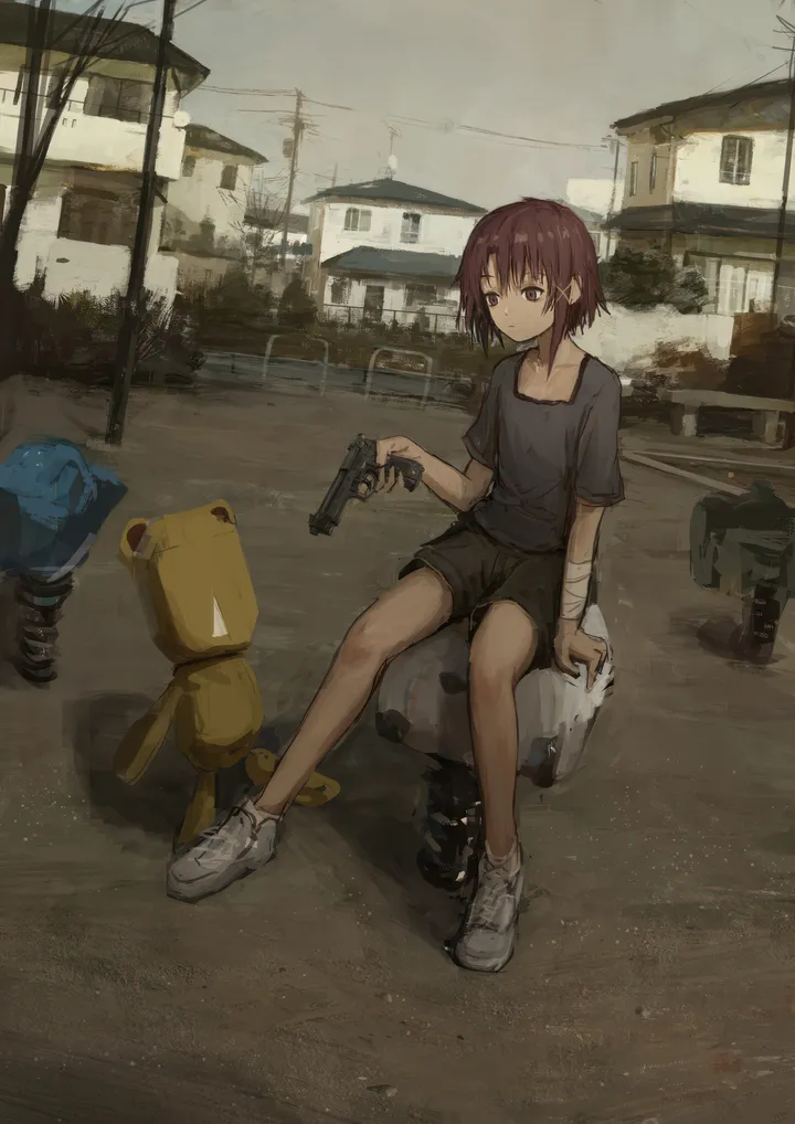 1girl,t-shirt,x_hair_ornament,bag,solo,backpack,hairclip,closed_mouth,sitting,hair_ornament,building,outdoors,house,holding_weapon,handgun,holding_gun,holding,gun,brown_hair,brown_eyes,weapon,utility_pole,power_lines,short_hair,short_sleeves,shorts,vertical,bandages,bandaged_arm,shirt,sneakers,shoes