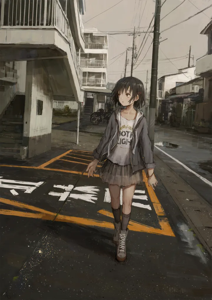 1girl,crosswalk,hood,solo,kneehighs,hairclip,ground_vehicle,hair_ornament,jacket,building,outdoors,bracelet,brown_eyes,car,jewelry,utility_pole,power_lines,white_shirt,looking_to_the_side,short_hair,skirt,looking_away,vertical,standing,street,shirt,socks,open_jacket,open_clothes,walking,road,sneakers,hoodie,long_sleeves,shoes,black_hair,black_socks