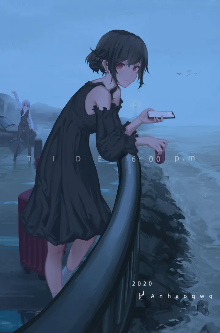 2girls,detached_sleeves,arm_up,bangs,single_hair_bun,closed_mouth,hair_bun,ground_vehicle,multiple_girls,sky,outdoors,phone,holding_phone,holding,suitcase,rolling_suitcase,sleeveless,sleeveless_dress,motor_vehicle,water,ocean,looking_at_viewer,short_hair,cellphone,vertical,standing,purple_hair,red_eyes,earrings,shirt,socks,dress,long_sleeves,bare_shoulders,shoulder_cutout,leaning_on_object,bird,black_hair,black_dress