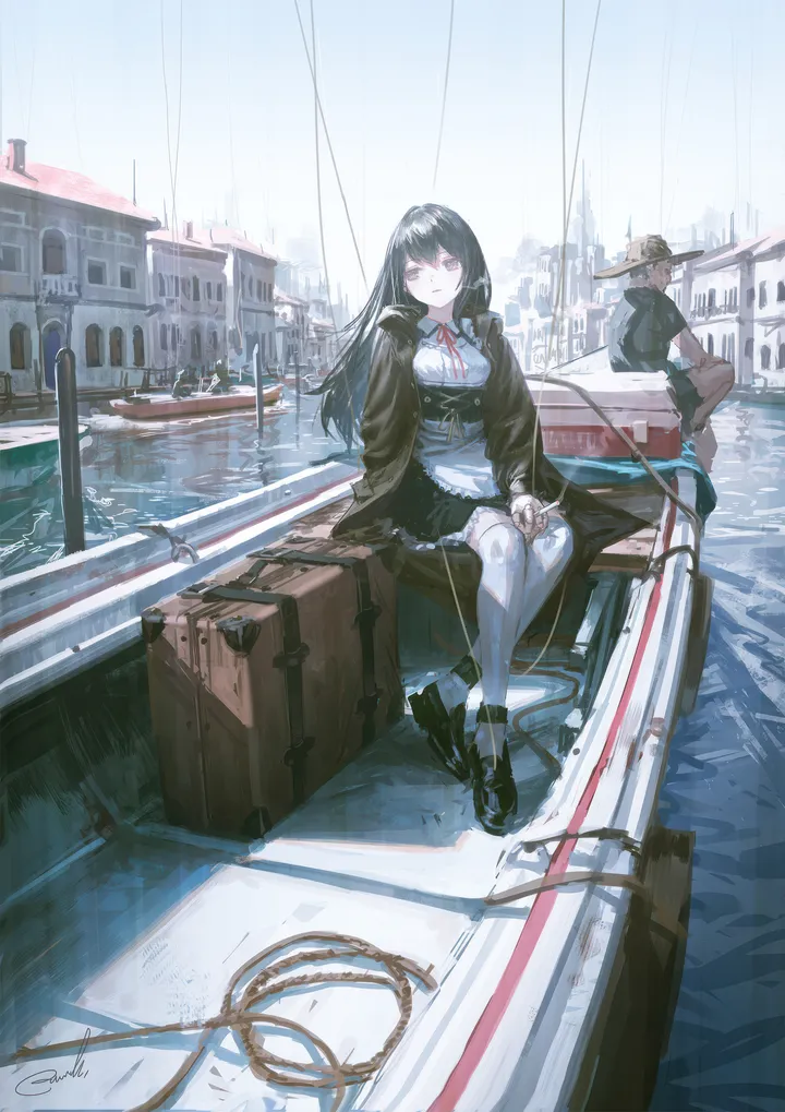 1girl,1boy,ribbon,bangs,apron,sitting,city,coat,sky,jacket,maid,waist_apron,hat,building,outdoors,suitcase,water,day,white_apron,looking_at_viewer,vertical,red_ribbon,rope,boat,watercraft,straw_hat,shirt,thighhighs,dress,long_hair,long_sleeves,neck_ribbon,black_coat,black_hair,black_jacket,black_footwear