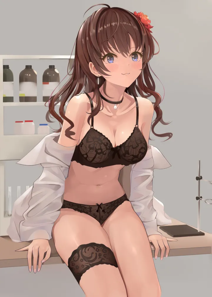 1girl,medium_breasts,breasts,cleavage,underwear,panties,bangs,solo,ahoge,closed_mouth,sitting,thighs,thigh_strap,hair_flower,hair_ornament,brown_hair,wavy_hair,jewelry,bottle,white_shirt,looking_at_viewer,vertical,smile,earrings,navel,bra,blush,blue_eyes,shirt,open_clothes,open_shirt,collarbone,long_hair,long_sleeves,bare_shoulders,off_shoulder,choker,flower,black_panties,black_bra,black_choker