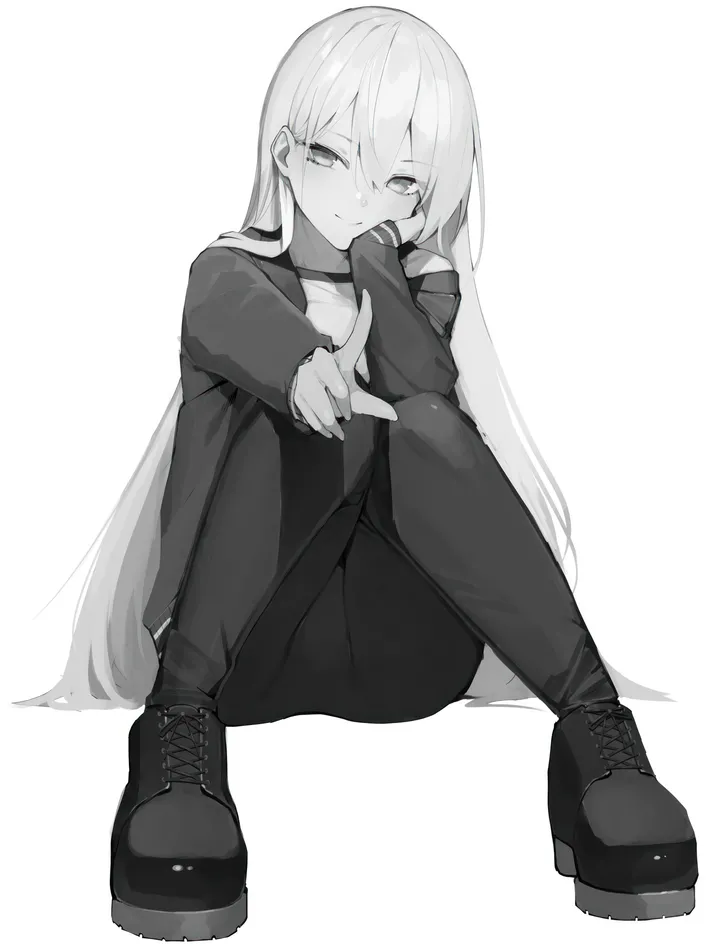 1girl,full_body,bangs,solo,monochrome,closed_mouth,sitting,jacket,hair_between_eyes,very_long_hair,knees_up,simple_background,pointing,white_background,looking_at_viewer,vertical,shirt,pants,open_jacket,open_clothes,long_hair,long_sleeves,shoes,greyscale