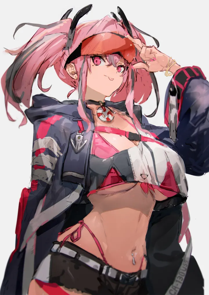 1girl,cowboy_shot,underboob,side-tie_bikini_bottom,crop_top_overhang,breasts,cleavage,hood,bangs,solo,two-tone_hair,twintails,tongue_out,sunglasses,multicolored_hair,hair_ornament,jacket,hair_between_eyes,adjusting_eyewear,streaked_hair,tinted_eyewear,simple_background,bikini,bikini_under_clothes,mole_under_eye,swimsuit,grey_hair,mole,white_background,belt,looking_at_viewer,eyewear_on_head,shorts,piercing,vertical,smile,pink_hair,pink_nails,pink_bikini,pink_eyes,short_shorts,red-tinted_eyewear,navel,navel_piercing,tongue,blue_jacket,open_jacket,open_clothes,large_breasts,long_hair,long_sleeves,midriff,crop_top,choker,highleg_bikini,highleg,black_shorts