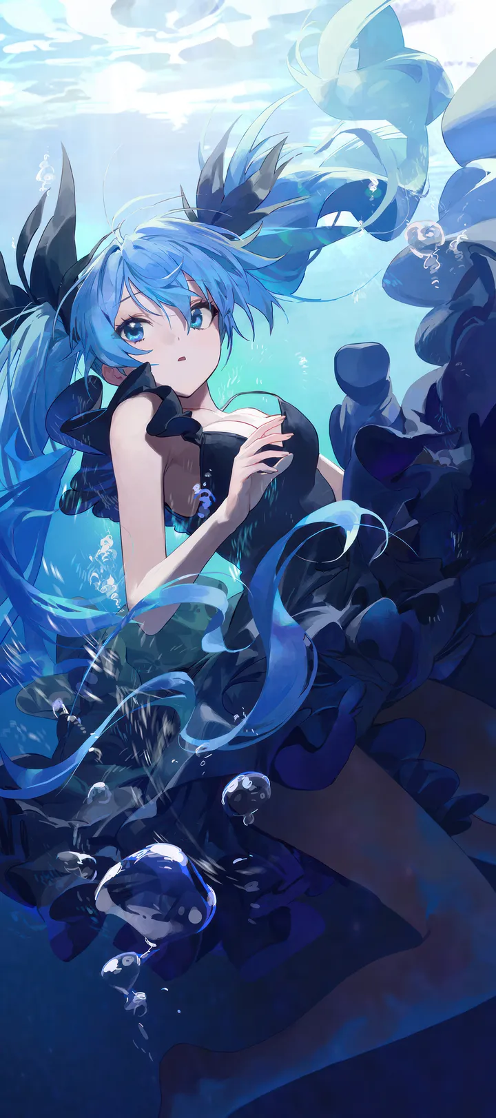 1girl,medium_breasts,breasts,cleavage,bangs,solo,twintails,hair_between_eyes,very_long_hair,parted_lips,sleeveless,sleeveless_dress,air_bubble,underwater,bubble,looking_at_viewer,vertical,frills,frilled_dress,blue_hair,blue_eyes,bow,bare_legs,bare_arms,barefoot,dress,long_hair,bare_shoulders,floating_hair,black_dress