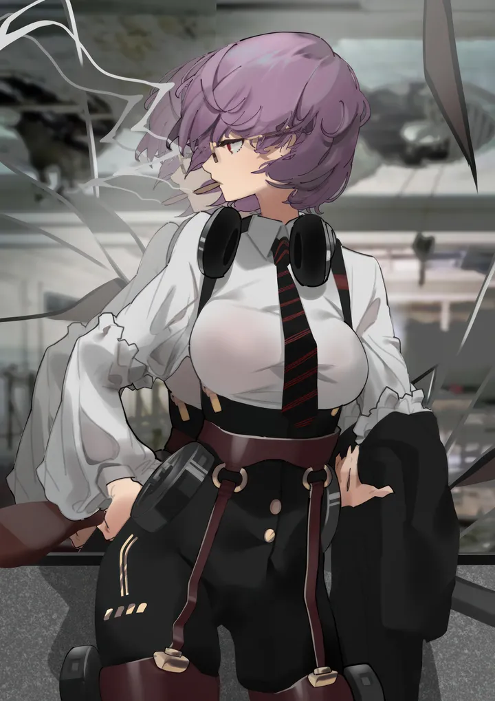 1girl,breasts,solo,smoking,headphones,holding_jacket,holding,holding_clothes,collared_shirt,striped_necktie,gun,weapon,smoke,white_shirt,looking_to_the_side,short_hair,vertical,purple_hair,red_eyes,headphones_around_neck,jacket_removed,shirt,pantyhose,long_sleeves,necktie,cigarette,black_pants