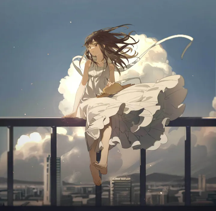 1girl,wind_lift,ribbon,cloud,solo,sitting,city,cityscape,cloudy_sky,sky,sun_hat,sundress,hat,building,outdoors,arm_support,headwear_removed,hat_removed,sleeveless,sleeveless_dress,railing,brown_hair,brown_eyes,blurry,day,white_ribbon,white_dress,looking_away,vertical,feet,blue_sky,bare_arms,barefoot,dress,long_hair,bare_shoulders,wind,floating_hair