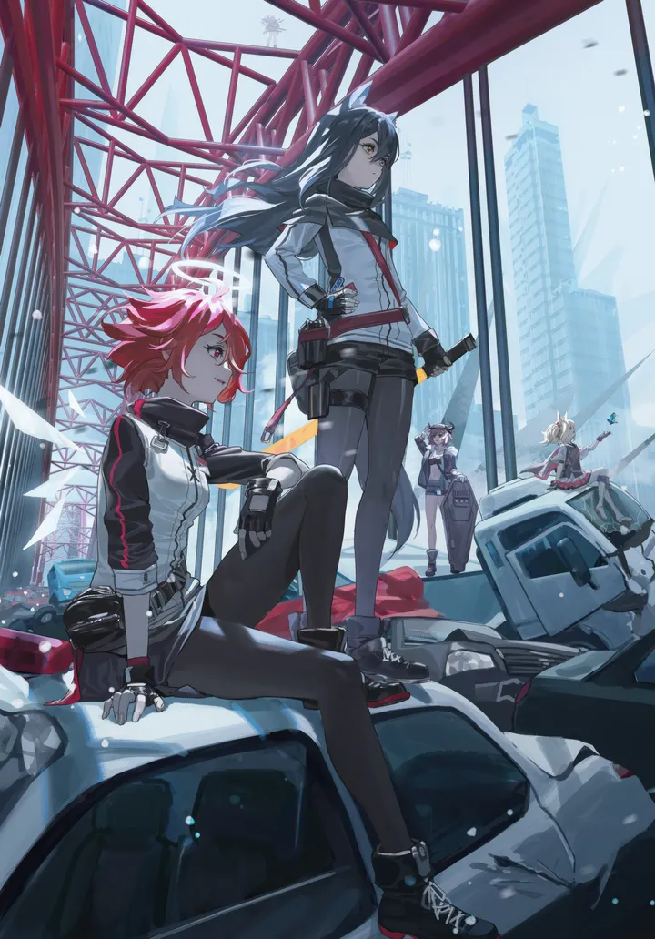 4girls,detached_wings,animal_ears,bangs,sword,closed_mouth,ground_vehicle,sitting,city,multiple_girls,thigh_strap,halo,hair_over_one_eye,jacket,capelet,tail,building,outdoors,gloves,holding_sword,holding_weapon,holding,skyscraper,fingerless_gloves,motor_vehicle,weapon,car,wolf_girl,wolf_tail,wolf_ears,white_jacket,short_hair,skirt,shorts,vertical,standing,smile,short_shorts,red_hair,red_eyes,wings,animal_ear_fluff,shirt,pouch,sneakers,pantyhose,blonde_hair,long_hair,long_sleeves,boots,shoes,bird,yellow_eyes,black_hair,black_jacket,black_gloves,black_capelet,black_skirt,black_shorts,black_footwear