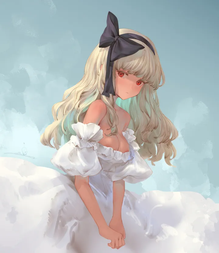 1girl,detached_sleeves,breasts,cleavage,bangs,solo,hairband,closed_mouth,dark_skin,white_dress,looking_at_viewer,short_sleeves,vertical,signature,red_eyes,blush,blue_background,puffy_short_sleeves,puffy_sleeves,bow,hair_bow,large_breasts,dress,blonde_hair,long_hair,bare_shoulders,off_shoulder,off-shoulder_dress,dark-skinned_female,black_hairband,black_bow