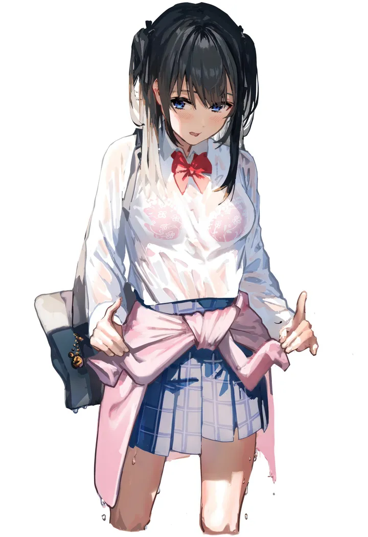 1girl,school_bag,breasts,underwear,bangs,bag,see-through,solo,twintails,open_mouth,parted_lips,collared_shirt,simple_background,school_uniform,plaid,plaid_skirt,sweater,white_background,white_shirt,pleated_skirt,skirt,vertical,standing,pink_bra,red_bow,red_bowtie,bra,blush,blue_eyes,blue_skirt,bow,clothes_around_waist,shirt,wet_hair,wet_clothes,wet_shirt,wet,long_hair,long_sleeves,bra_visible_through_clothes,bowtie,black_hair