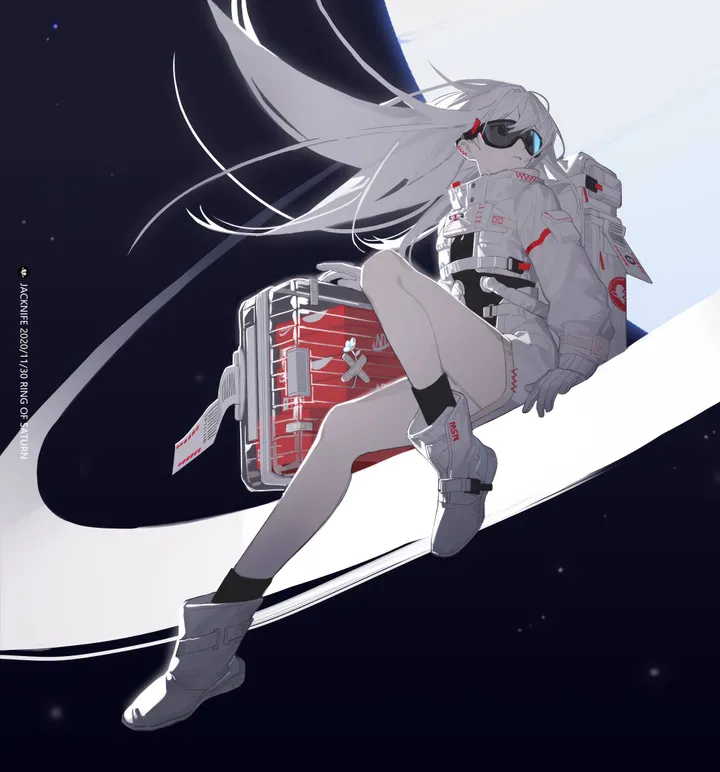 1girl,full_body,bag,solo,space_helmet,jacket,space,astronaut,spacesuit,gloves,goggles,floating,white_hair,white_jacket,white_gloves,white_footwear,vertical,english_text,socks,long_hair,long_sleeves,boots,floating_hair,black_socks