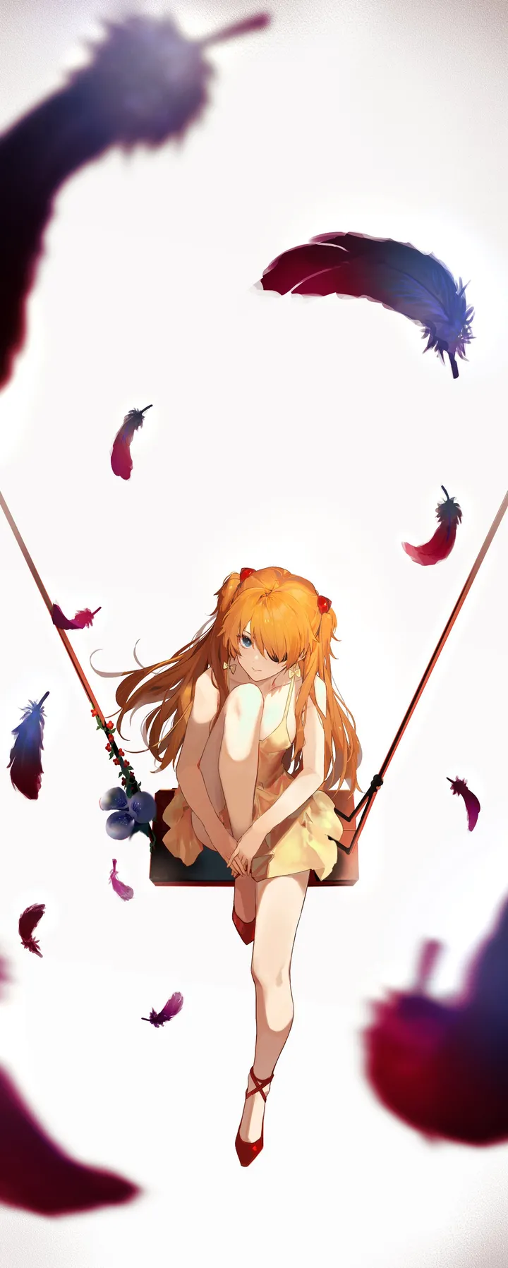 1girl,one_eye_covered,full_body,bangs,solo,closed_mouth,sitting,hair_ornament,hair_over_one_eye,sleeveless,sleeveless_dress,blurry,orange_hair,white_background,looking_at_viewer,eyepatch,vertical,red_footwear,feathers,blue_eyes,bare_legs,short_dress,dress,long_hair,yellow_dress