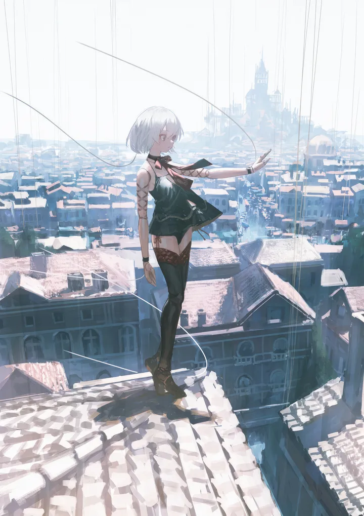 1girl,solo,city,cityscape,rooftop,building,outdoors,white_hair,short_hair,vertical,standing,tattoo,blue_eyes,thighhighs,dress,boots,bare_shoulders,black_thighhighs