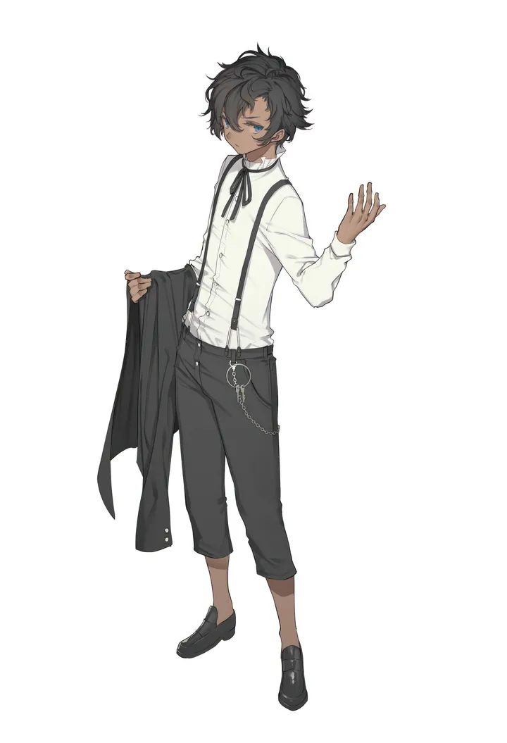 1boy,ribbon,full_body,solo,jacket,holding_jacket,holding,holding_clothes,collared_shirt,simple_background,dark_skin,jewelry,male_focus,white_background,white_shirt,looking_at_viewer,short_hair,vertical,standing,earrings,suspenders,jacket_removed,blue_eyes,shirt,pants,chain,long_sleeves,shoes,neck_ribbon,dark-skinned_male,black_ribbon,black_hair,black_jacket,black_pants,black_footwear