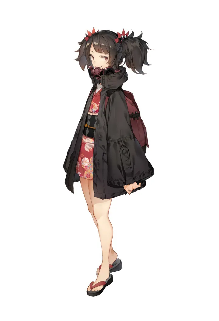 1girl,full_body,sandals,bangs,bag,solo,print_kimono,backpack,twintails,kimono,obi,coat,hair_ornament,japanese_clothes,sash,simple_background,white_background,looking_at_viewer,short_kimono,vertical,standing,red_eyes,red_bow,floral_print,bow,hair_bow,bare_legs,open_clothes,long_sleeves,black_coat,black_hair