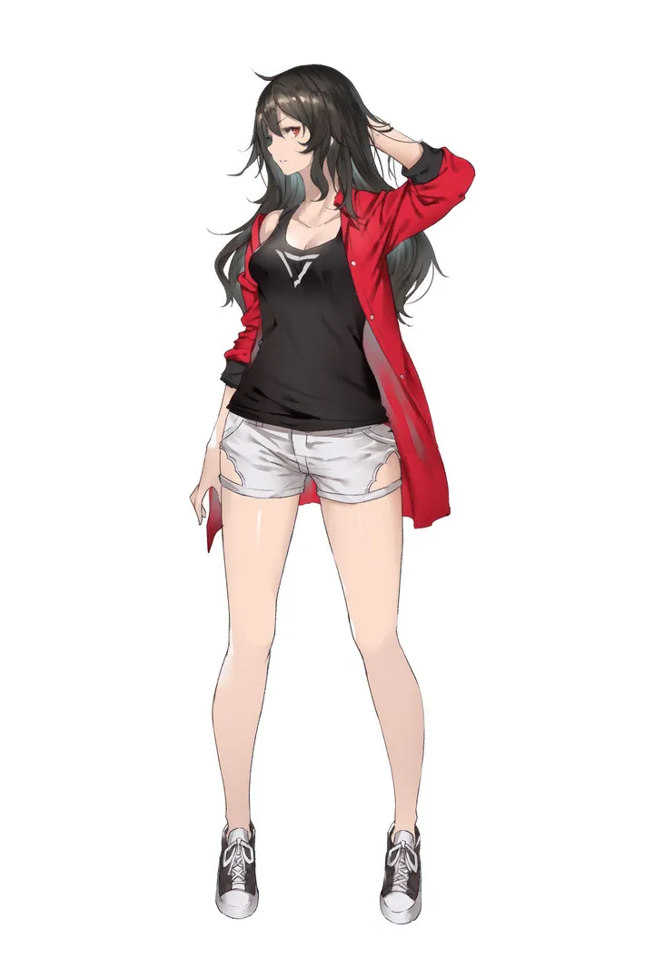 1girl,medium_breasts,arm_up,breasts,cleavage,full_body,messy_hair,bangs,solo,jacket,parted_lips,tank_top,simple_background,hand_in_own_hair,white_shorts,white_background,shorts,torn_clothes,vertical,standing,short_shorts,red_jacket,red_eyes,shirt,bare_legs,open_jacket,open_clothes,sneakers,collarbone,long_hair,long_sleeves,shoes,black_hair,black_shirt,black_footwear