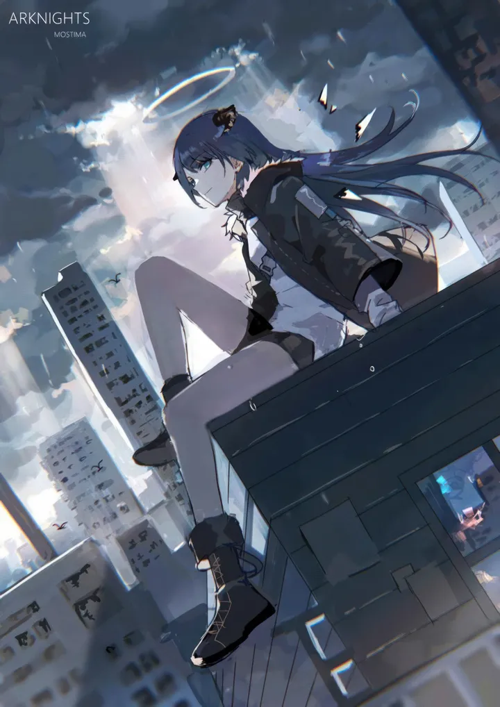 1girl,detached_wings,cloud,hood,bangs,solo,knee_up,closed_mouth,sitting,city,cloudy_sky,halo,sky,jacket,building,demon_horns,outdoors,skyscraper,fur_trim,white_gloves,white_shirt,shorts,vertical,short_shorts,wings,blue_hair,blue_eyes,shirt,bare_legs,horns,open_jacket,open_clothes,hooded_jacket,long_hair,long_sleeves,boots,black_jacket,black_shorts,black_footwear