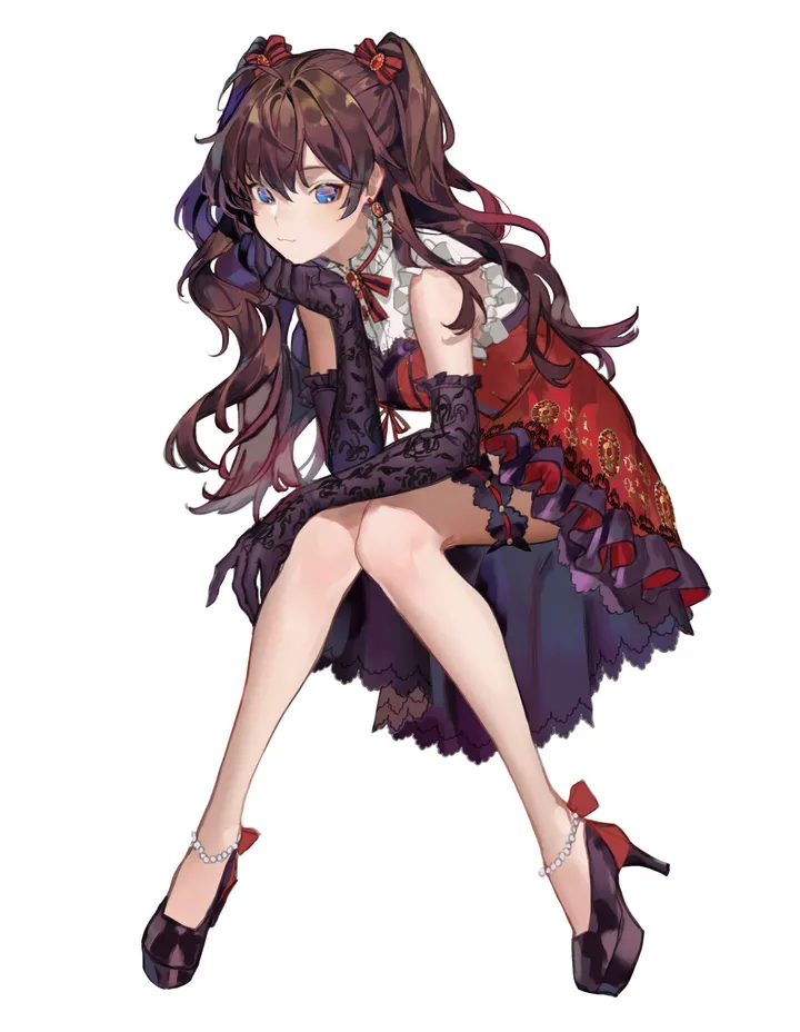 1girl,full_body,bangs,solo,closed_mouth,sitting,thigh_strap,two_side_up,hair_between_eyes,gloves,sleeveless,sleeveless_dress,simple_background,brown_hair,jewelry,white_background,looking_at_viewer,vertical,red_bow,red_dress,earrings,frills,blue_eyes,bow,hair_bow,dress,long_hair,elbow_gloves,bare_shoulders,bowtie,neck_ribbon,high_heels,black_gloves,black_footwear