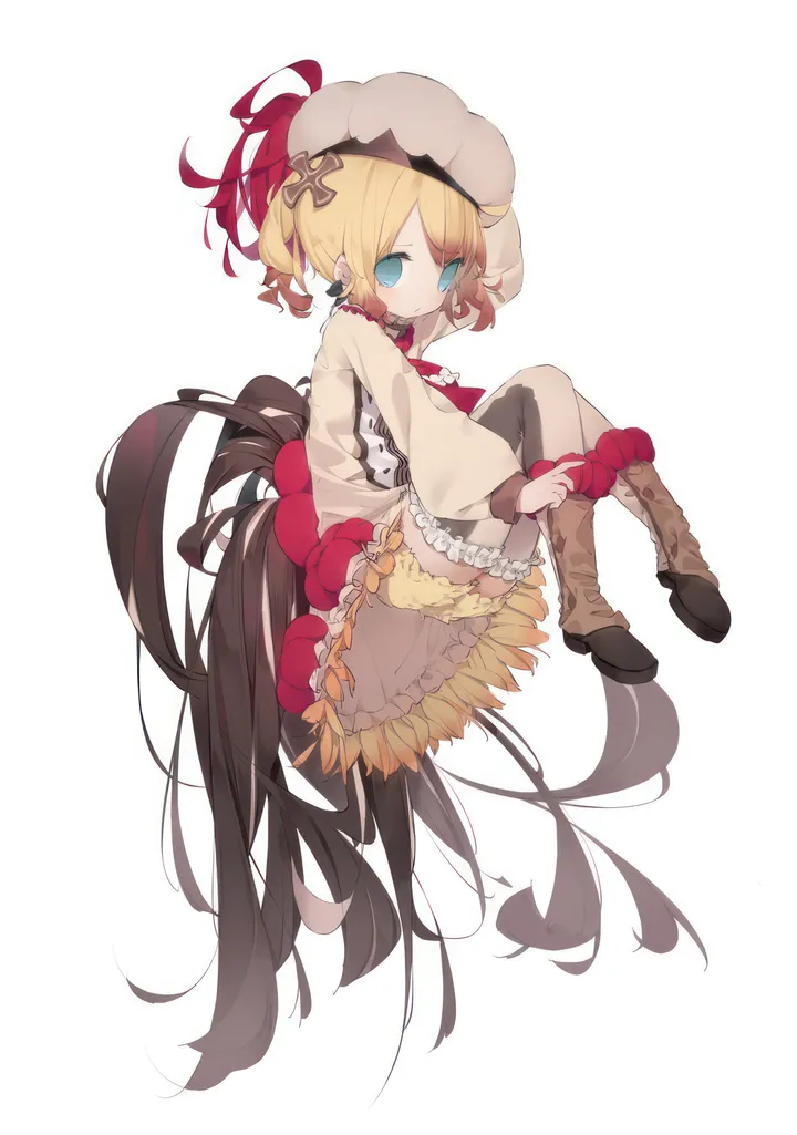 1girl,full_body,bangs,solo,knee_boots,closed_mouth,sitting,hat,simple_background,brown_thighhighs,brown_footwear,white_headwear,white_background,looking_at_viewer,short_hair,vertical,frills,blue_eyes,thighhighs,dress,blonde_hair,long_sleeves,boots