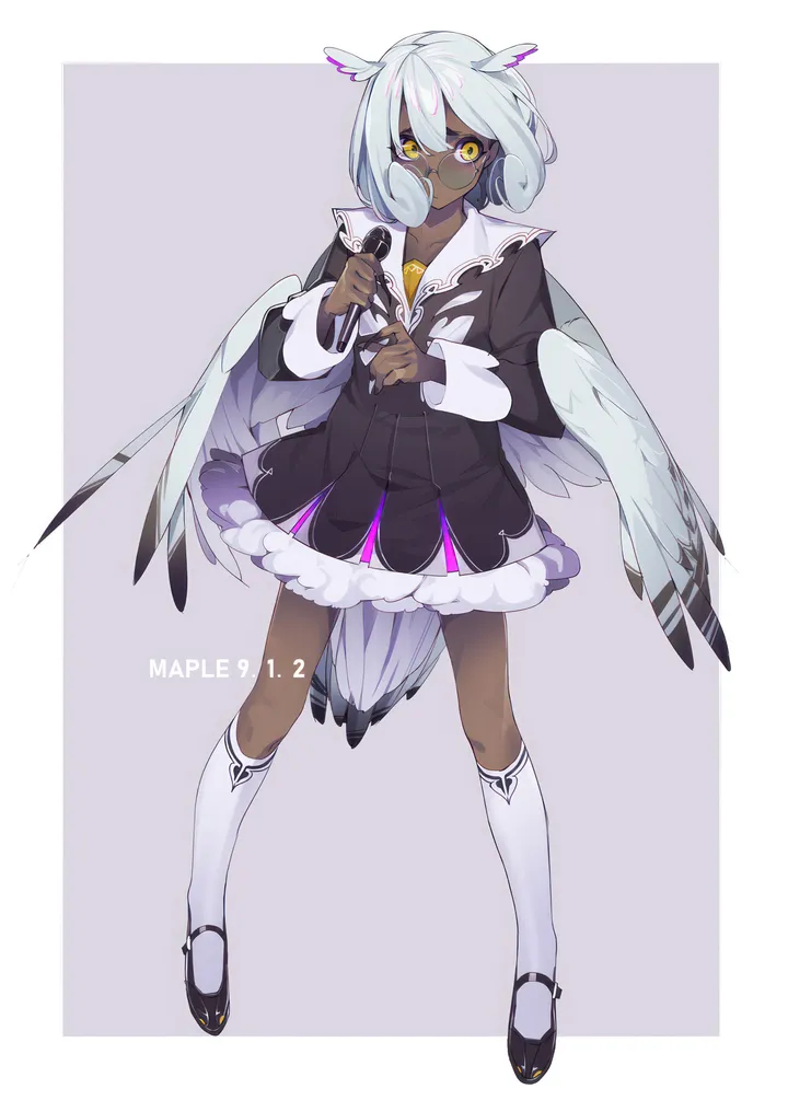 1girl,full_body,bangs,solo,kneehighs,closed_mouth,head_wings,hair_between_eyes,holding,simple_background,dark_skin,white_hair,white_background,white_socks,looking_at_viewer,glasses,vertical,feathered_wings,wings,socks,dress,long_sleeves,shoes,microphone,yellow_eyes,dark-skinned_female,black_dress,black_footwear