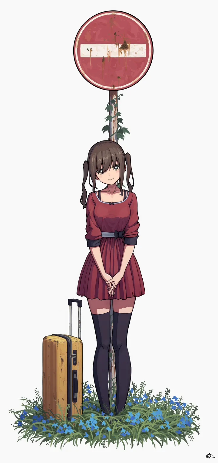 1girl,breasts,full_body,sign,bangs,solo,twintails,closed_mouth,suitcase,rolling_suitcase,simple_background,brown_hair,brown_eyes,white_background,pleated_dress,belt,looking_at_viewer,short_sleeves,vertical,standing,smile,red_dress,zettai_ryouiki,luggage,road_sign,thighhighs,dress,collarbone,long_hair,flower,black_thighhighs,black_footwear