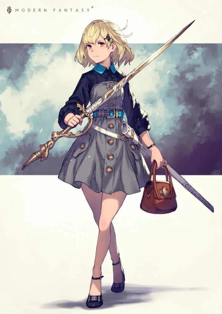 1girl,full_body,sword,sheath,bag,solo,hairclip,closed_mouth,hair_ornament,holding_sword,holding_weapon,handbag,wristwatch,holding,orange_eyes,weapon,grey_dress,belt,short_hair,vertical,standing,red_eyes,watch,walking,dress,blonde_hair,long_sleeves,shoes,high_heels,black_footwear