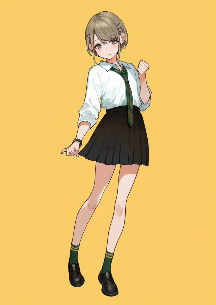 1girl,x_hair_ornament,loafers,full_body,bangs,solo,clenched_hand,sleeves_rolled_up,hairclip,closed_mouth,hair_ornament,hand_up,diagonal-striped_necktie,collared_shirt,simple_background,striped,striped_necktie,school_uniform,brown_hair,brown_eyes,white_shirt,pleated_skirt,looking_at_viewer,short_hair,skirt,vertical,standing,green_socks,green_necktie,blush,watch,shirt,shirt_tucked_in,socks,long_sleeves,shoes,necktie,yellow_background,black_skirt,black_footwear