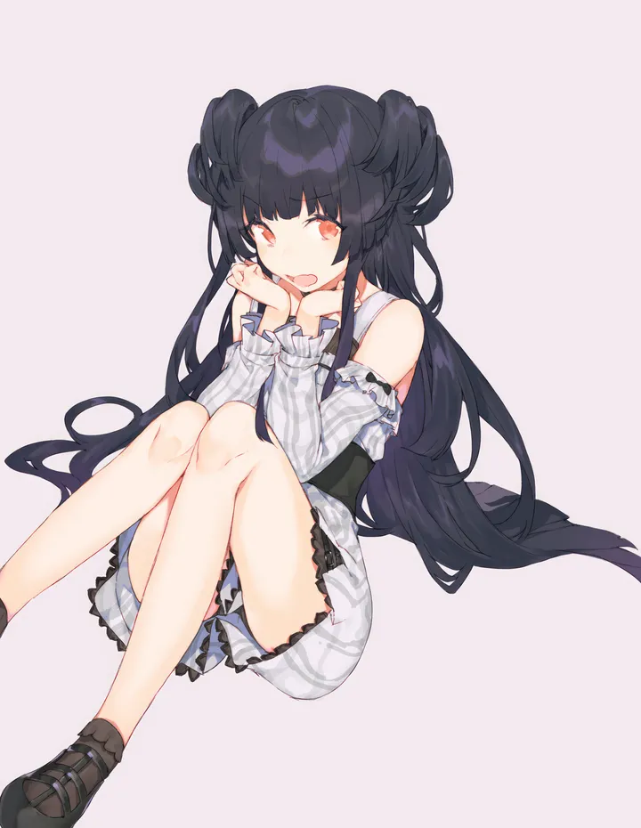 1girl,detached_sleeves,bangs,solo,own_hands_together,sitting,two_side_up,open_mouth,very_long_hair,simple_background,plaid,white_background,blunt_bangs,looking_at_viewer,vertical,red_eyes,blush,frills,socks,dress,long_hair,long_sleeves,bare_shoulders,shoes,black_hair,black_footwear