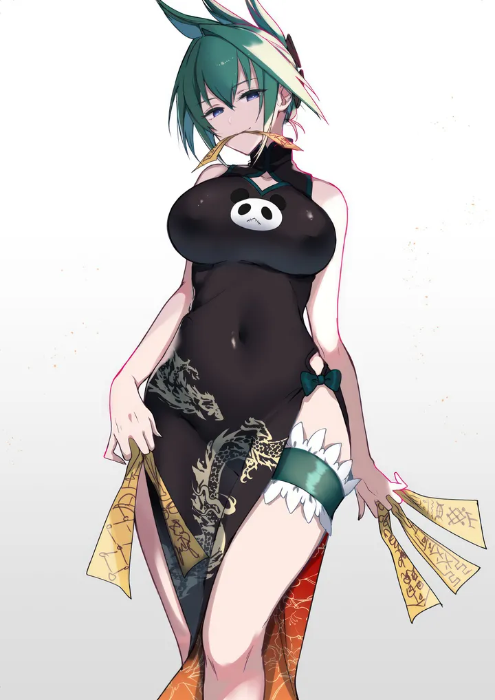 1girl,chinese_clothes,breasts,solo,holding,china_dress,sleeveless_dress,simple_background,mouth_hold,white_background,looking_at_viewer,short_hair,ofuda,vertical,green_hair,blue_eyes,large_breasts,dress,covered_navel,bare_shoulders,black_dress