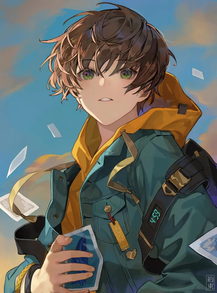 1boy,cloud,upper_body,hood,bangs,bag,solo,backpack,pocket,sky,jacket,parted_lips,outdoors,holding,brown_hair,hood_down,male_focus,looking_at_viewer,short_hair,vertical,green_jacket,green_eyes,blue_sky,blue_jacket,hoodie,long_sleeves