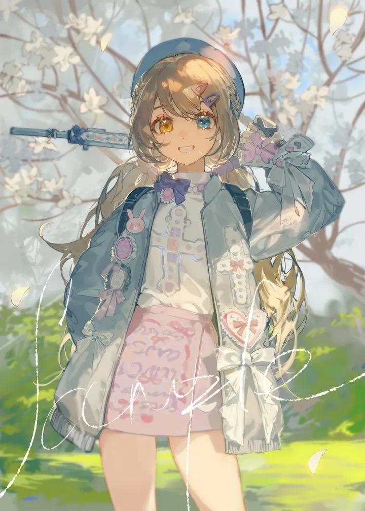 1girl,bangs,solo,twintails,hairclip,hair_ornament,jacket,hat,heterochromia,outdoors,hand_in_pocket,scrunchie,holding,gun,tree,weapon,white_shirt,looking_at_viewer,skirt,vertical,smile,pink_skirt,petals,blue_eyes,bow,shirt,open_jacket,open_clothes,blonde_hair,long_hair,grin,yellow_eyes