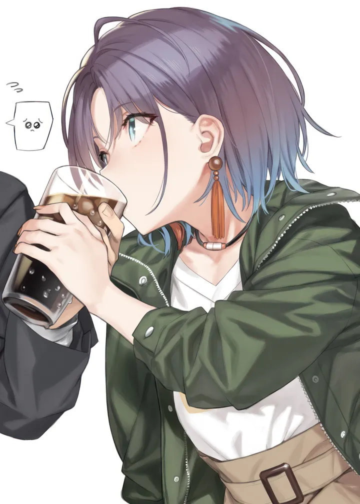 1girl,1boy,upper_body,bangs,solo_focus,ahoge,drinking,multicolored_hair,jacket,speech_bubble,holding_cup,holding,simple_background,cup,brown_skirt,gradient_hair,jewelry,white_background,white_shirt,short_hair,skirt,vertical,purple_hair,green_jacket,earrings,blue_hair,blue_eyes,shirt,open_jacket,open_clothes,long_sleeves