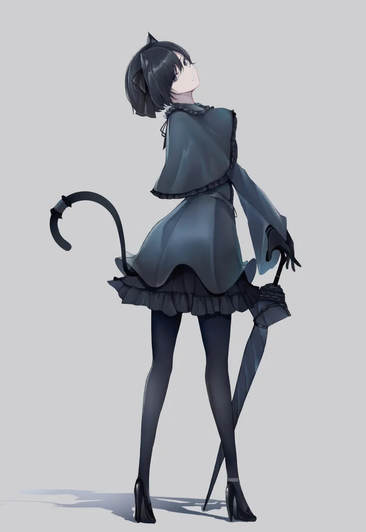 1girl,full_body,animal_ears,bangs,solo,closed_mouth,looking_back,capelet,tail,gloves,closed_umbrella,simple_background,head_tilt,grey_capelet,grey_dress,cat_girl,cat_tail,cat_ears,white_background,looking_at_viewer,short_hair,vertical,standing,from_behind,frills,blue_eyes,dress,pantyhose,long_sleeves,shadow,umbrella,high_heels,black_theme,black_umbrella,black_hair,black_gloves,black_dress,black_pantyhose,black_footwear